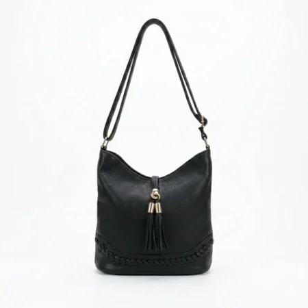 Women's Black Vegan Leather Hobo Shoulder Bag with Braided Detail