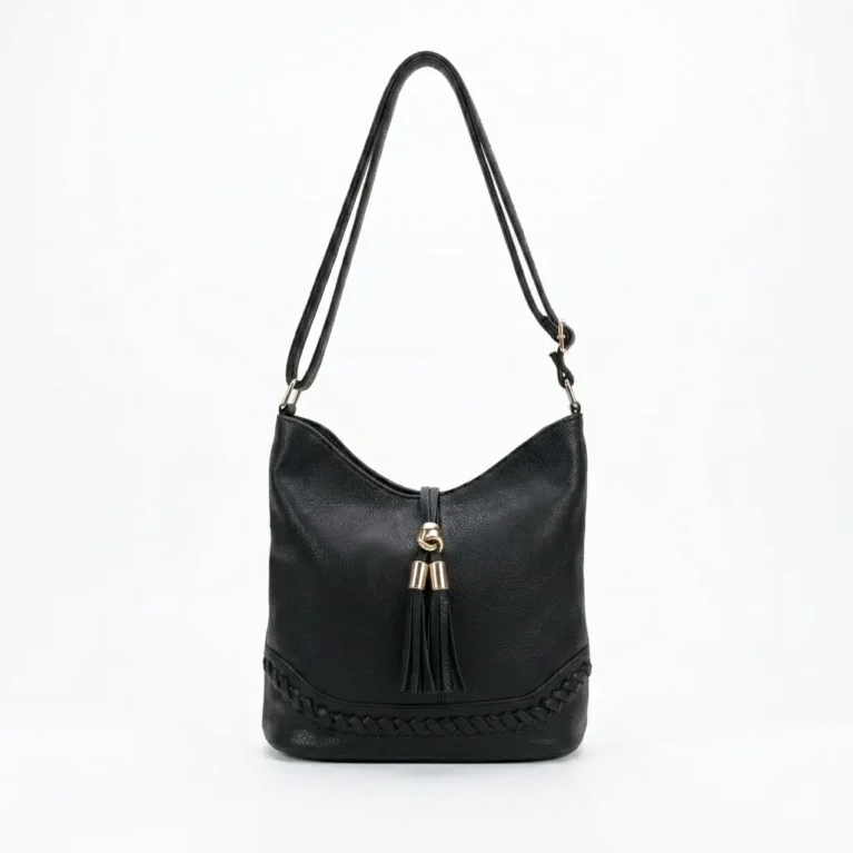 Women's Black Vegan Leather Hobo Shoulder Bag with Braided Detail