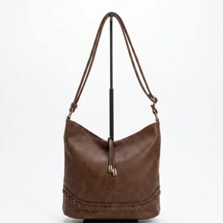 Women's brown Vegan Leather Hobo Shoulder Bag with Braided Detail