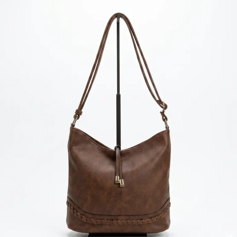 Women's brown Vegan Leather Hobo Shoulder Bag with Braided Detail