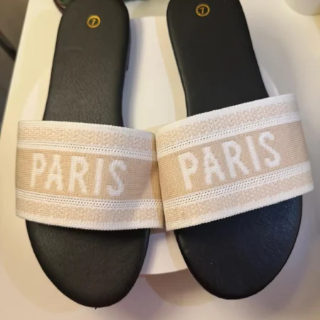 Women's Paris slide sandals with beige embroidered jacquard strap and black cushioned footbed
