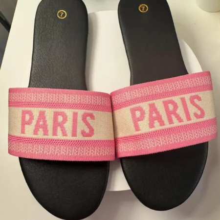 Women's Paris slide sandals with pink embroidered jacquard strap and black cushioned footbed