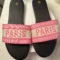 Women's Paris slide sandals with pink embroidered jacquard strap and black cushioned footbed