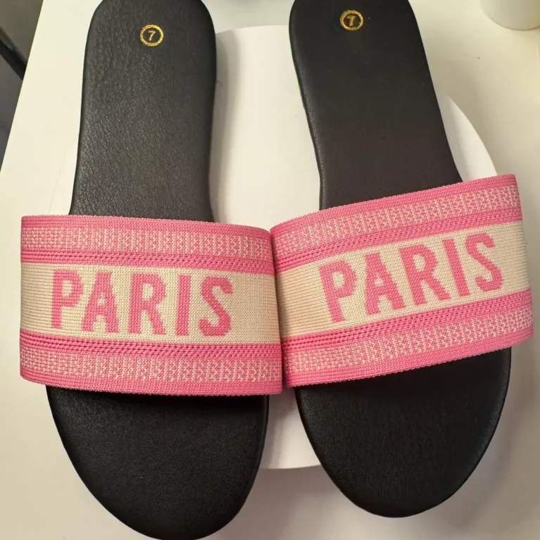 Women's Paris slide sandals with pink embroidered jacquard strap and black cushioned footbed