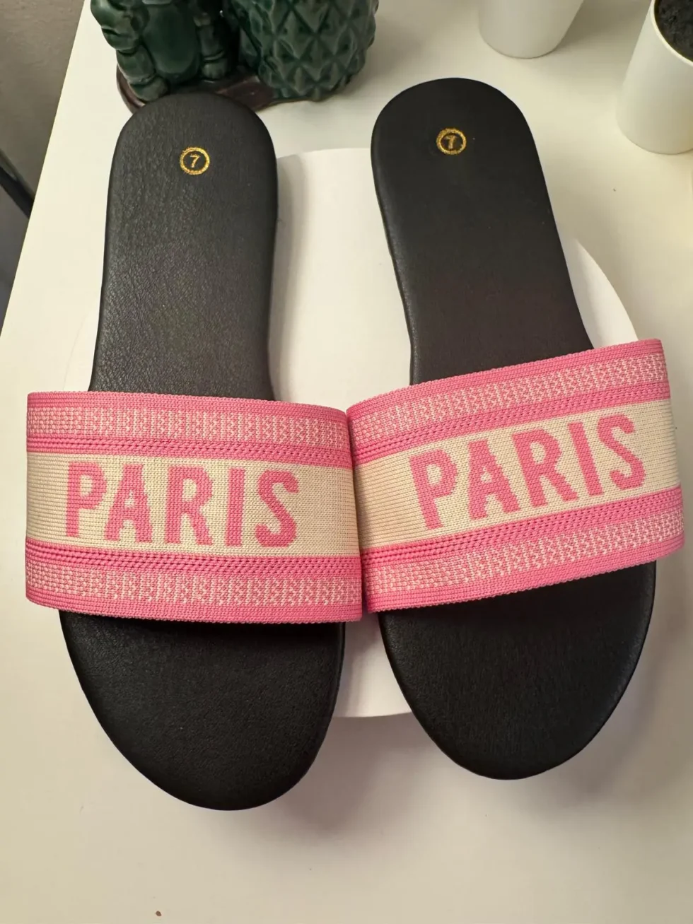 Women's Paris slide sandals with pink embroidered jacquard strap and black cushioned footbed