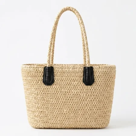 Women's Woven Straw Tote Bag – Leather Trim Handles- Black