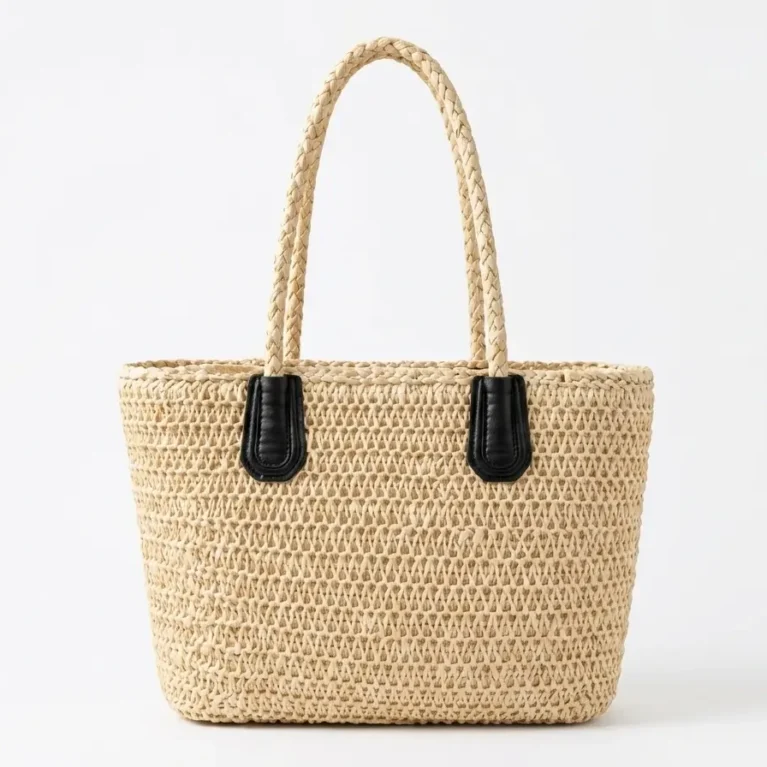 Women's Woven Straw Tote Bag – Leather Trim Handles- Black