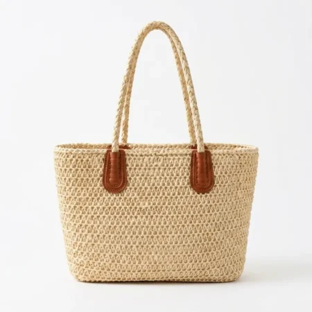 Women's Woven Straw Tote Bag – Leather Trim Handles- brown