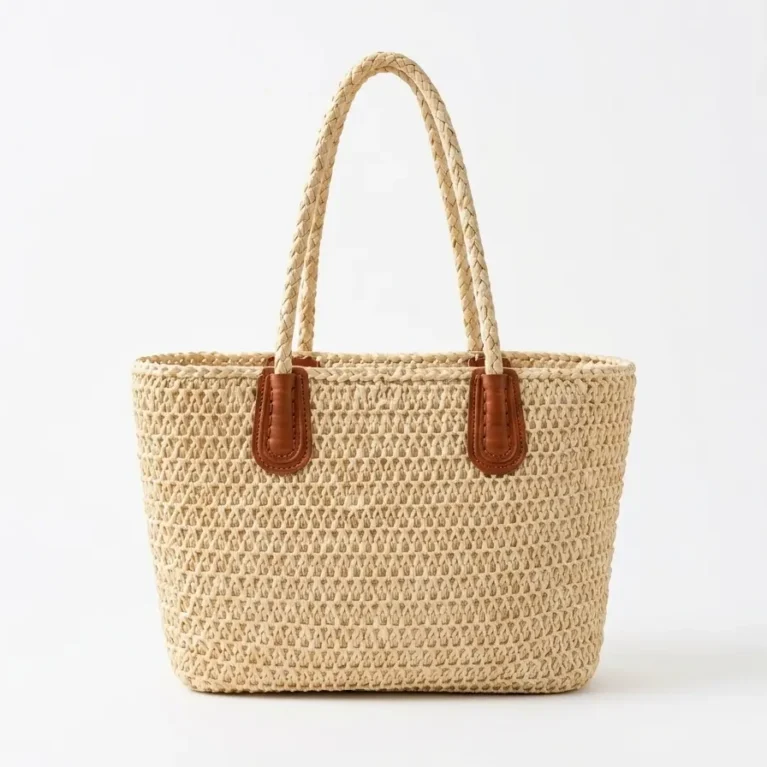 Women's Woven Straw Tote Bag – Leather Trim Handles- brown